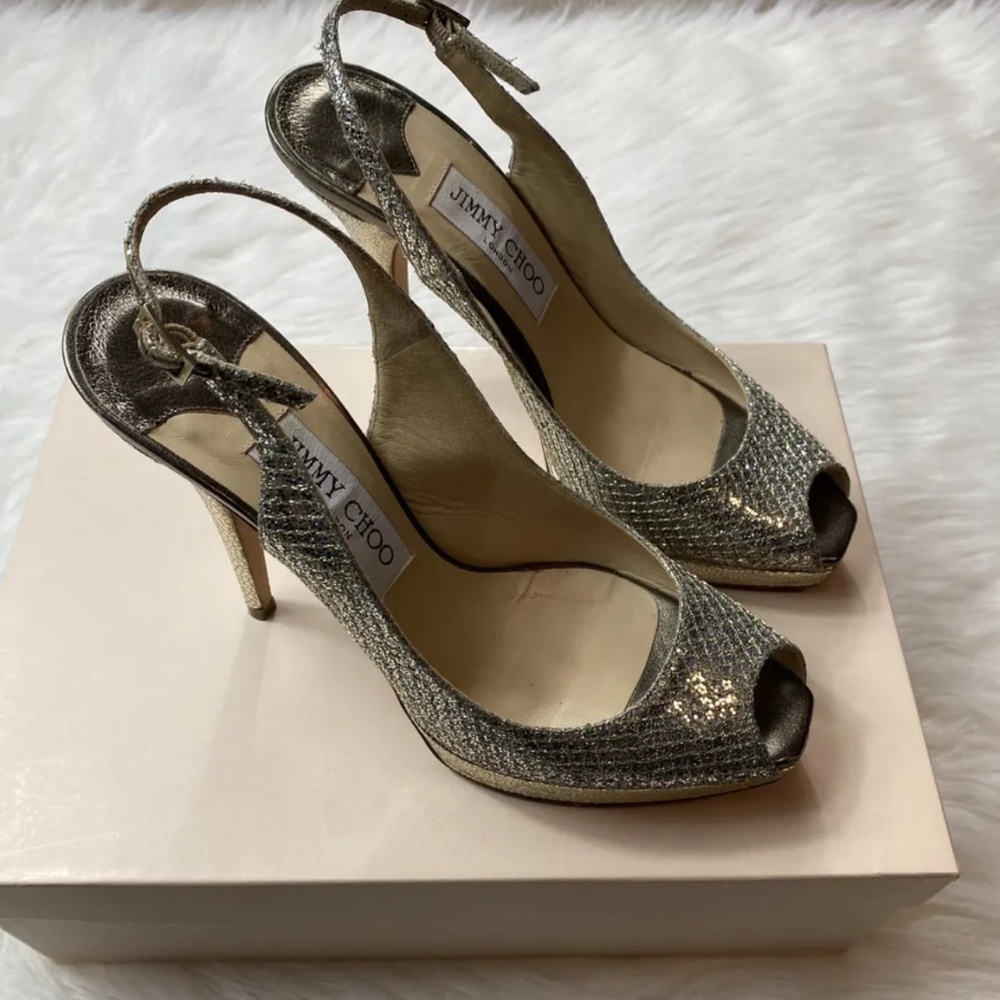 Jimmy Choo Heels in Anthracite Lame Glitter EUR 37.5 Us 7 Slingback Peep